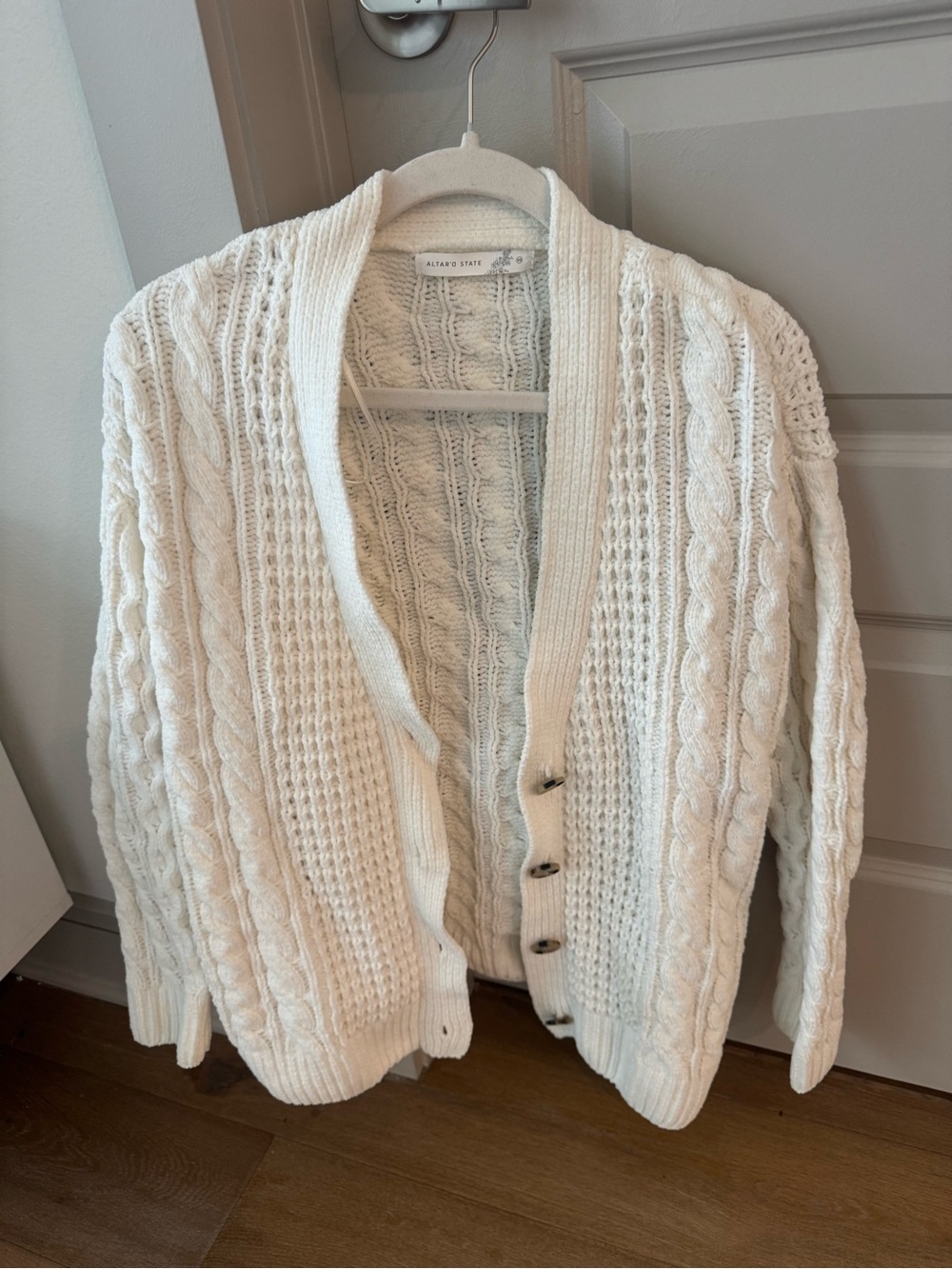 Altar'd State Ivory Cable Knit Button-Up Cardigan